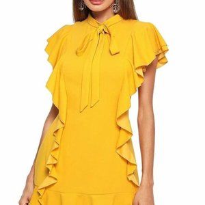 Floerns Yellow-Gold Tie Neck Cocktail Dress